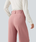 High Waisted Straight Leg Waffle Work Trousers with Pockets — Rose Tan — view 4