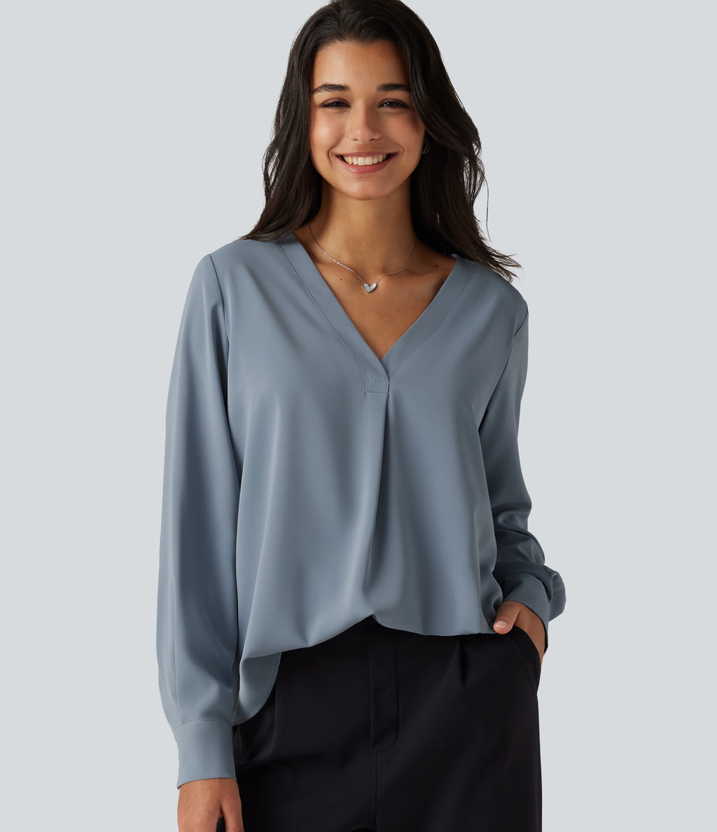 Wrinkle Recovery V Neck Long Sleeve Work Blouse — Mountain Spring — view 1