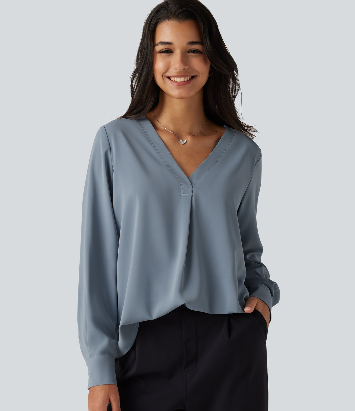 Wrinkle Recovery V Neck Long Sleeve Work Blouse — Mountain Spring — view 1