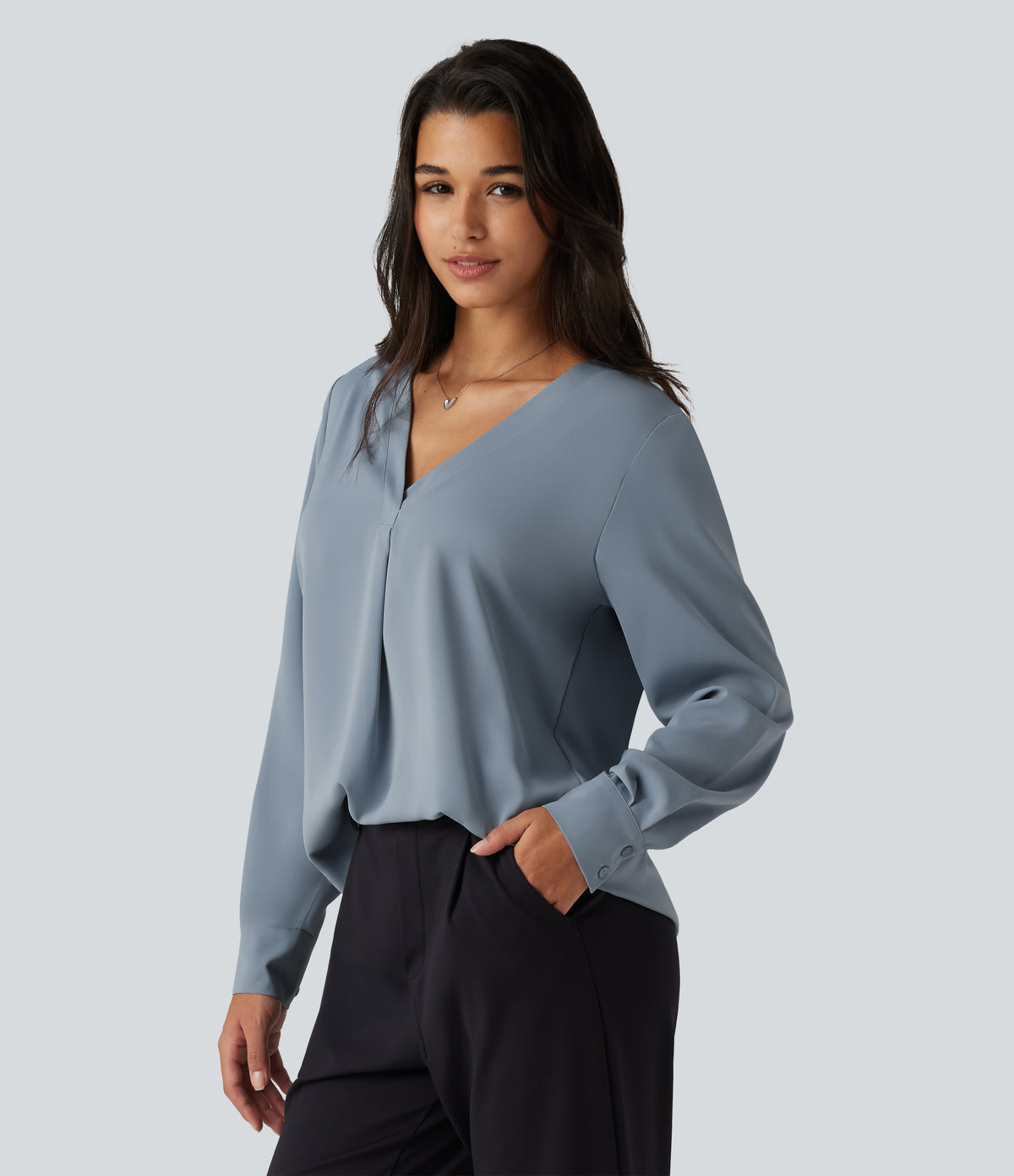 Wrinkle Recovery V Neck Long Sleeve Work Blouse — Mountain Spring — view 3