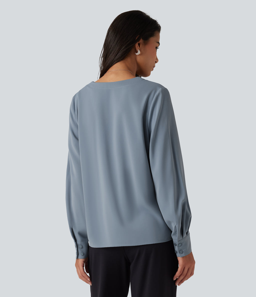 Wrinkle Recovery V Neck Long Sleeve Work Blouse — Mountain Spring — view 2