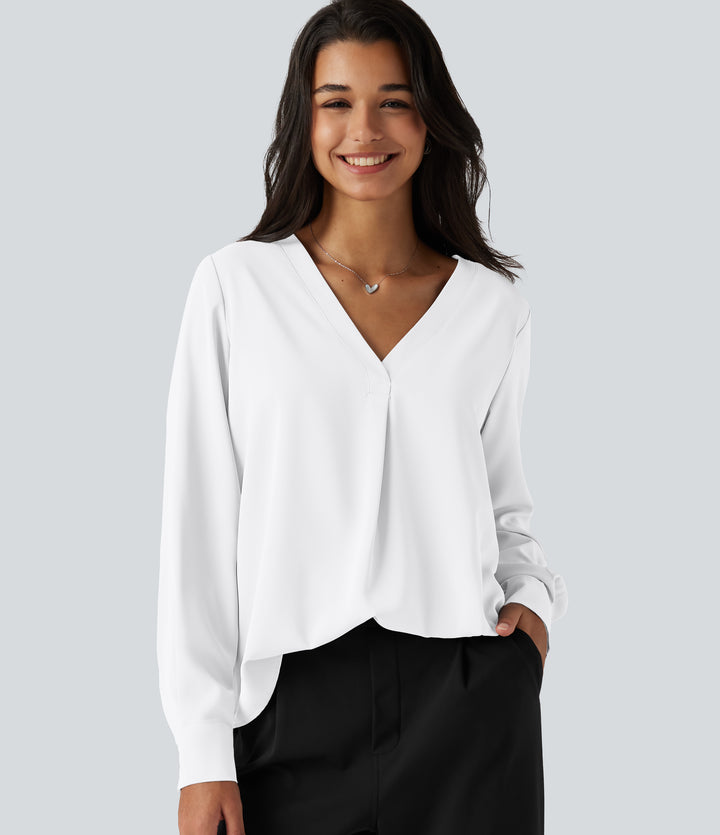 Wrinkle Recovery V Neck Long Sleeve Work Blouse — White — view 12