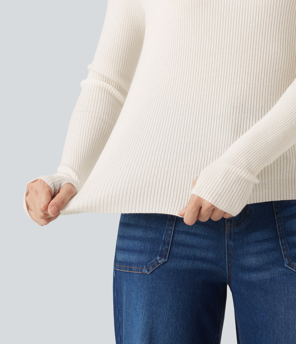 High Neck Long Sleeve Thumb Hole Work Wool-Blend Jumper — White — view 6