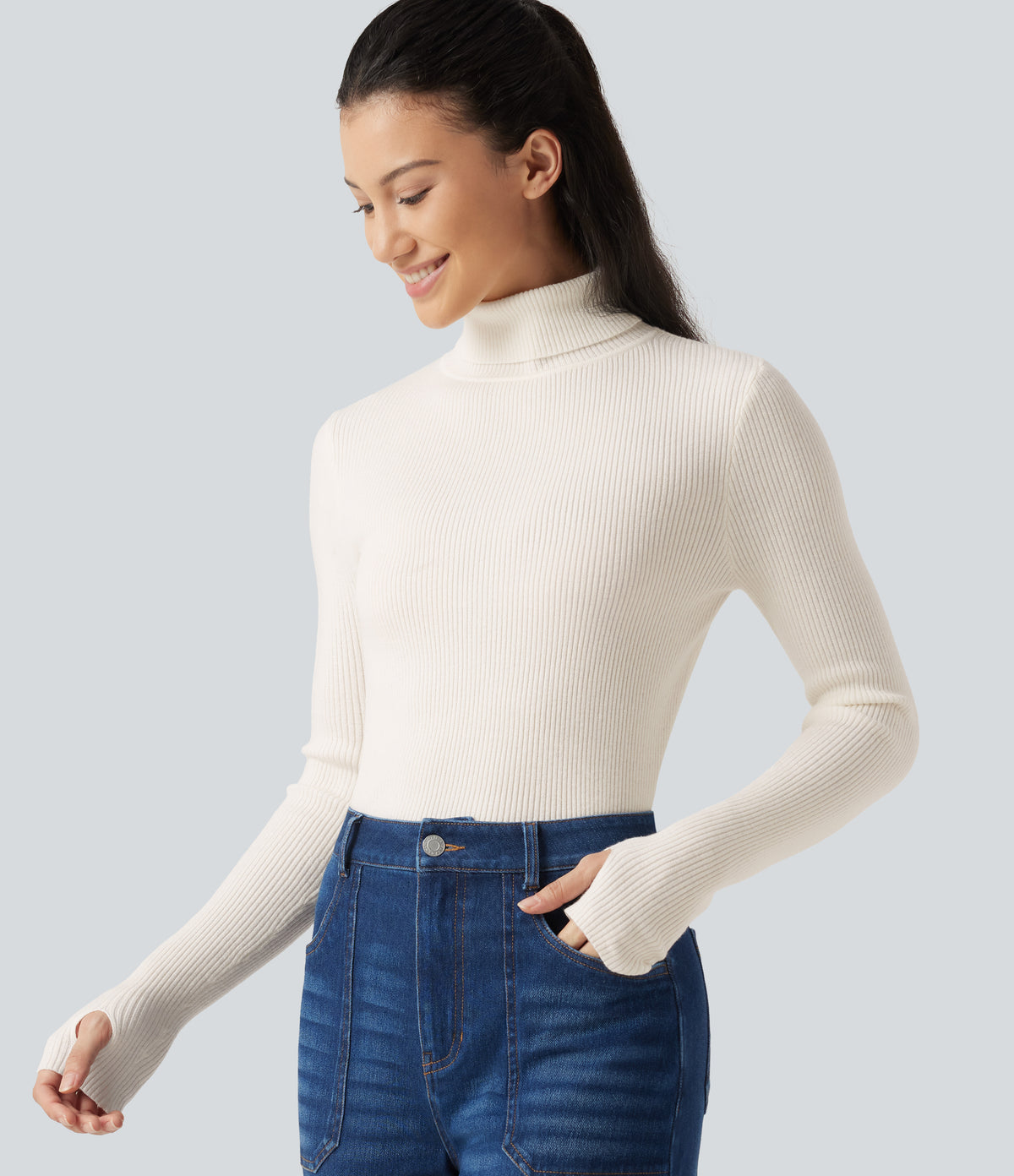 High Neck Long Sleeve Thumb Hole Work Wool-Blend Jumper — White — view 4