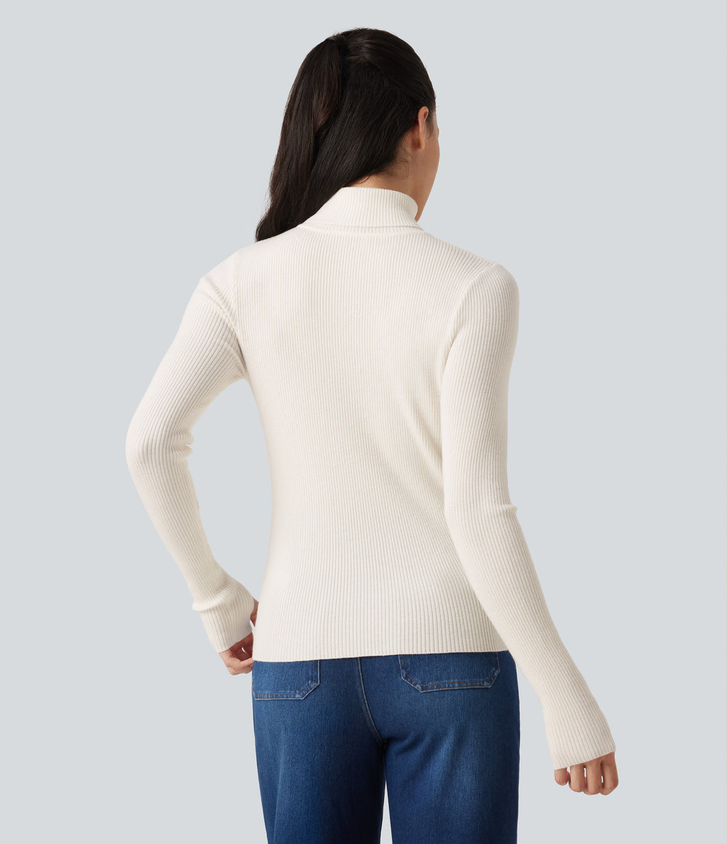 High Neck Long Sleeve Thumb Hole Work Wool-Blend Jumper — White — view 2