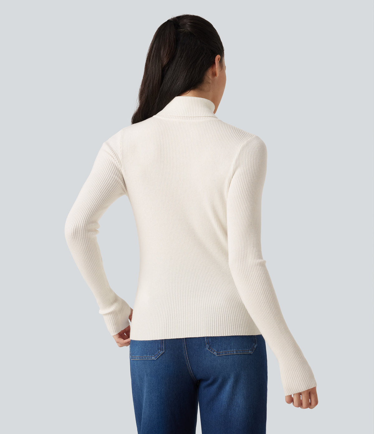 High Neck Long Sleeve Thumb Hole Work Wool-Blend Jumper — White — view 2