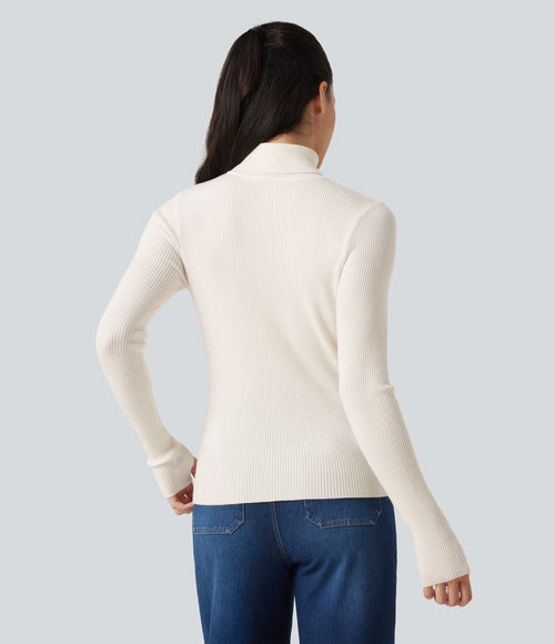High Neck Long Sleeve Thumb Hole Work Wool-Blend Jumper — White — view 2