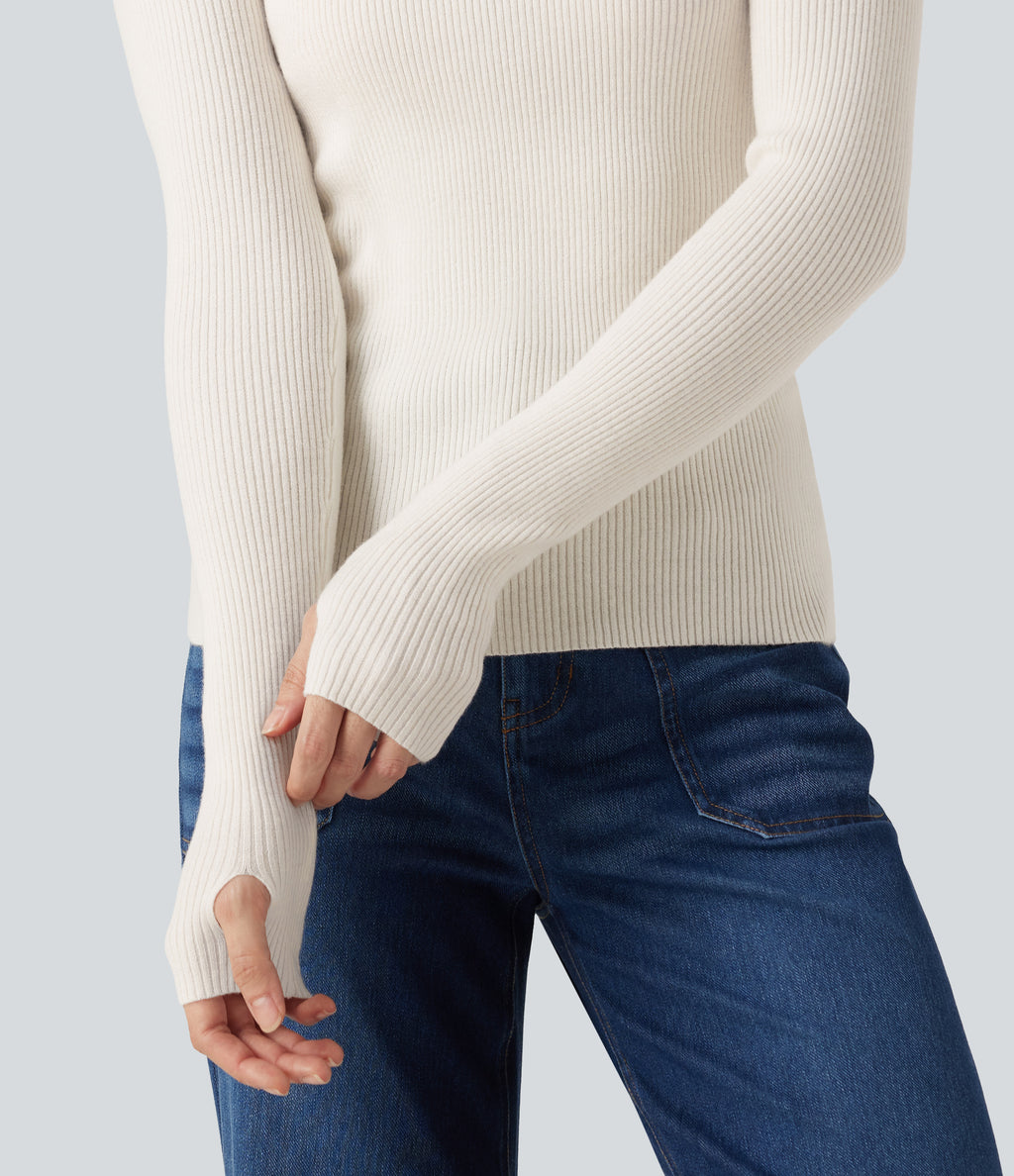 High Neck Long Sleeve Thumb Hole Work Wool-Blend Jumper — White — view 5