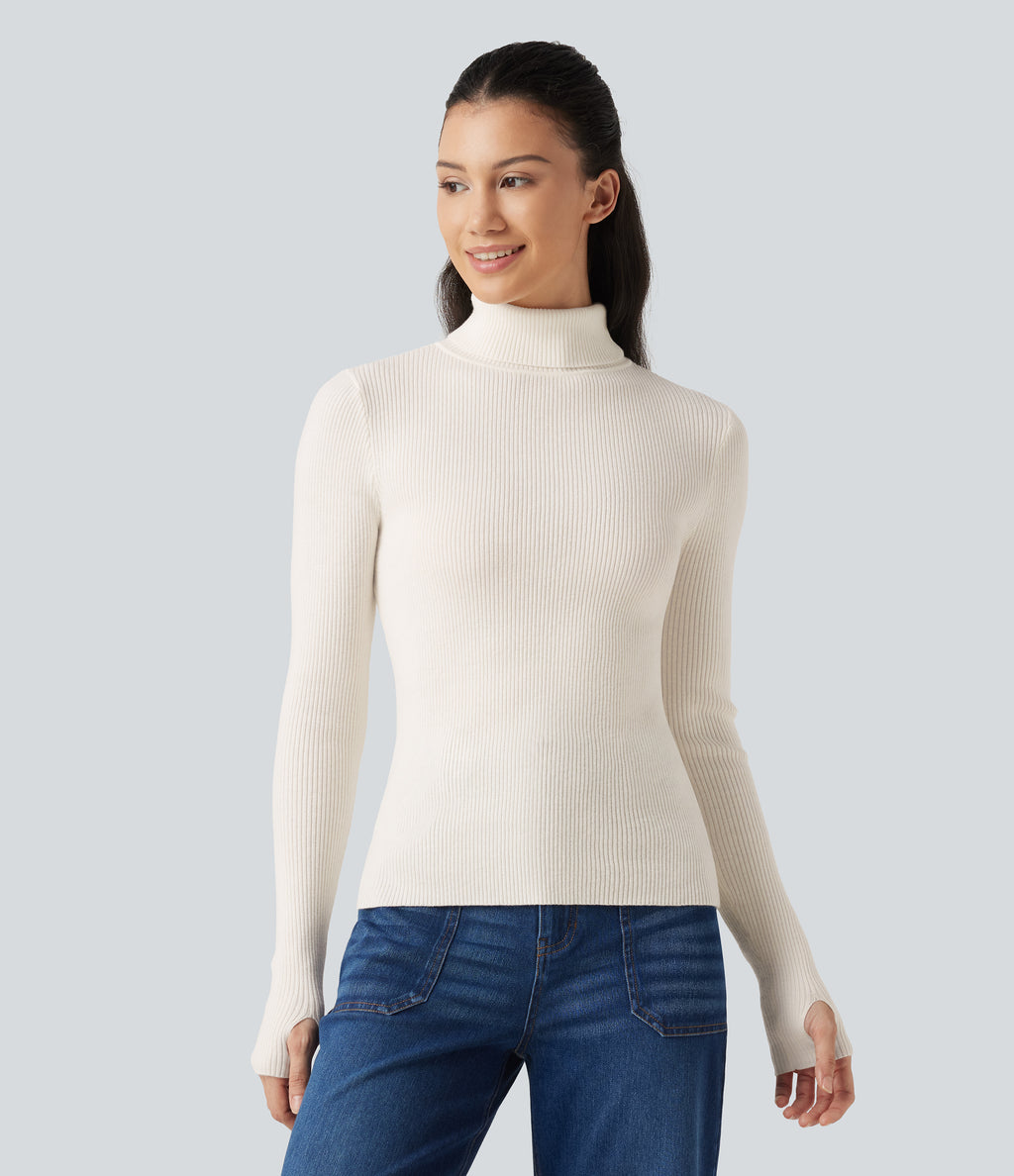 High Neck Long Sleeve Thumb Hole Work Wool-Blend Jumper — White — view 1