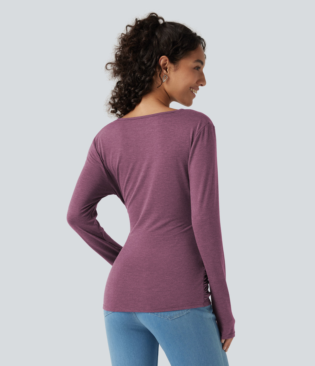 V Neck Long Sleeve Ruched Casual Top — Red Violet Floral Yarn — view 2