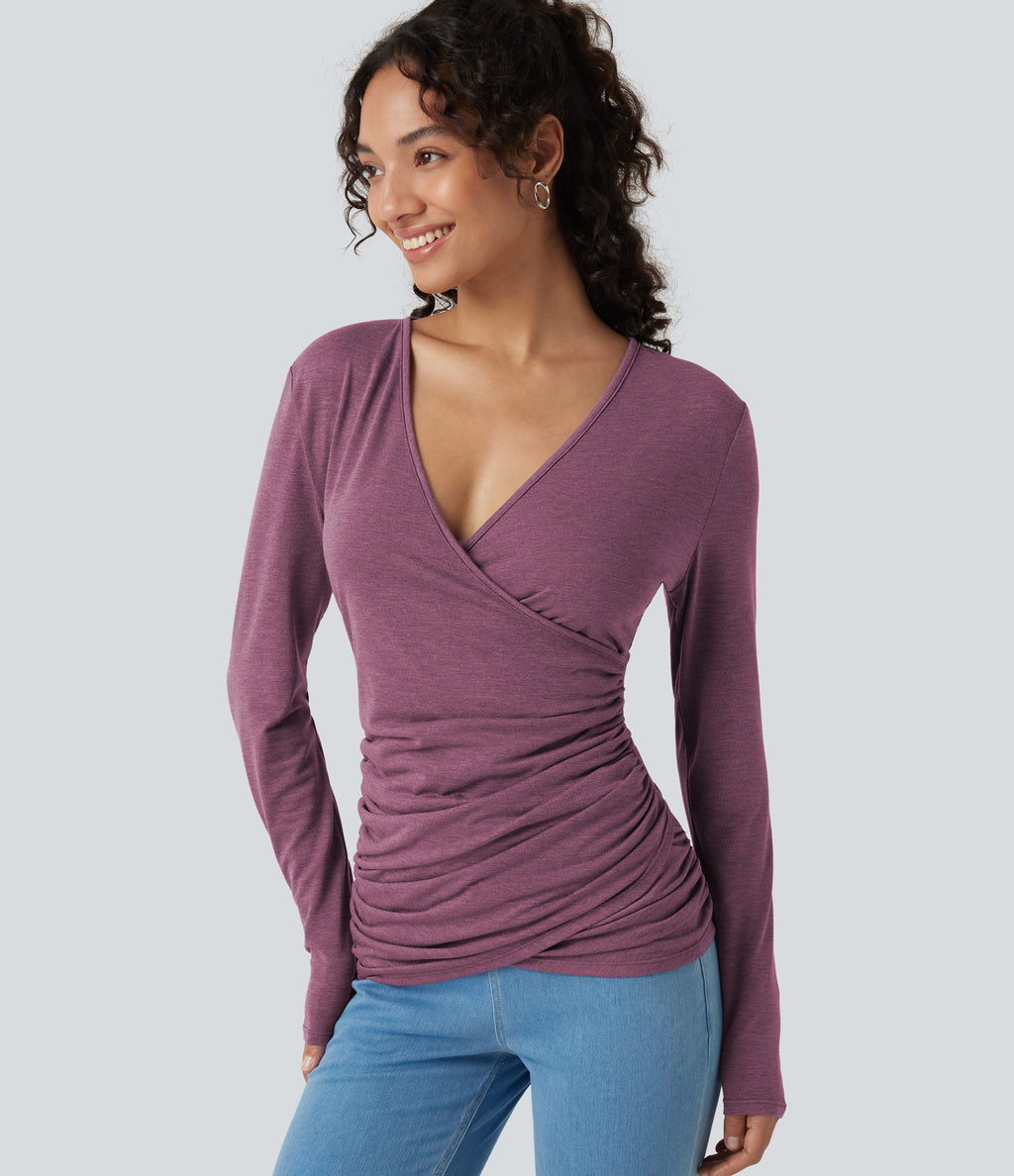 V Neck Long Sleeve Ruched Casual Top — Red Violet Floral Yarn — view 1