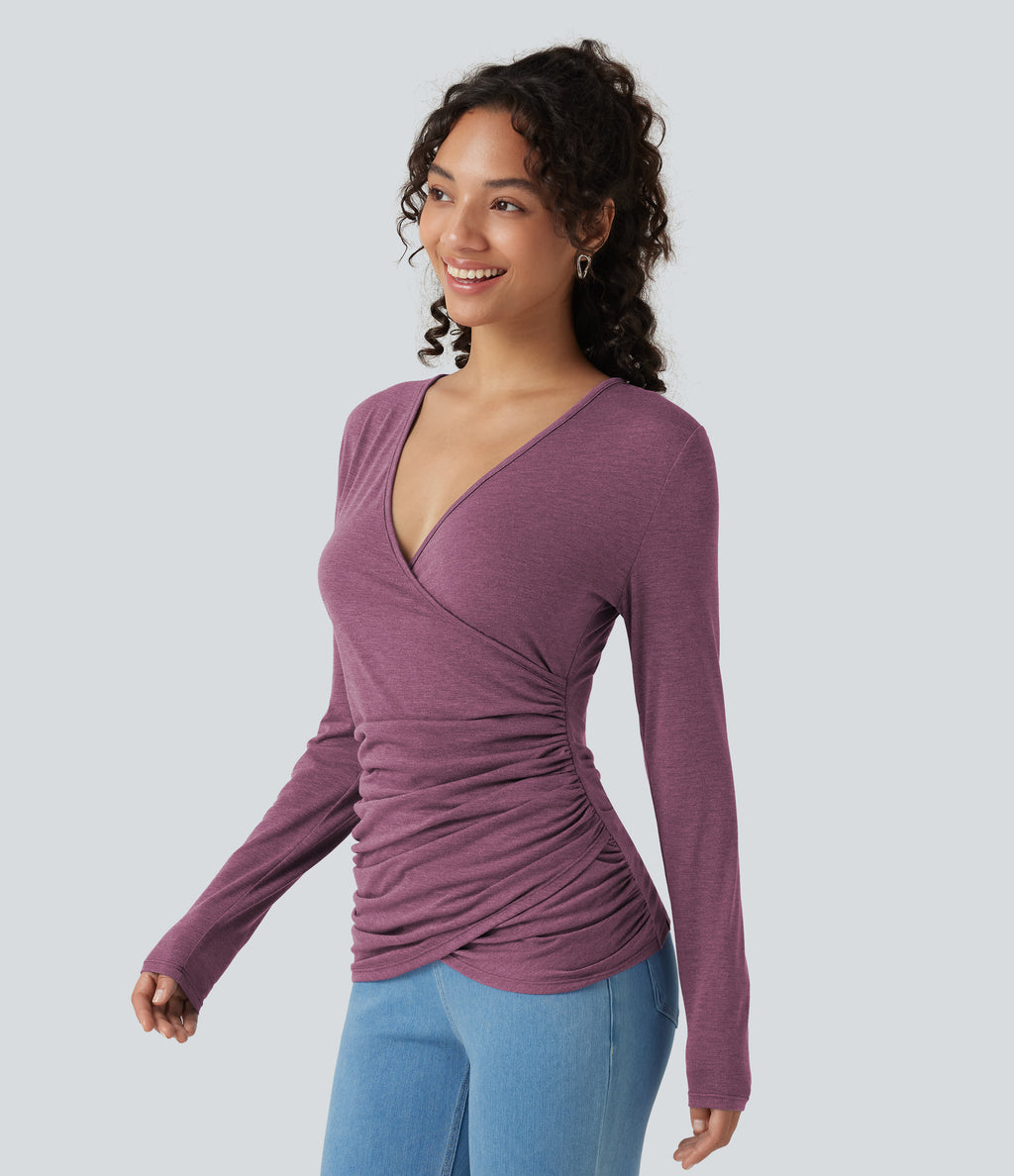 V Neck Long Sleeve Ruched Casual Top — Red Violet Floral Yarn — view 3