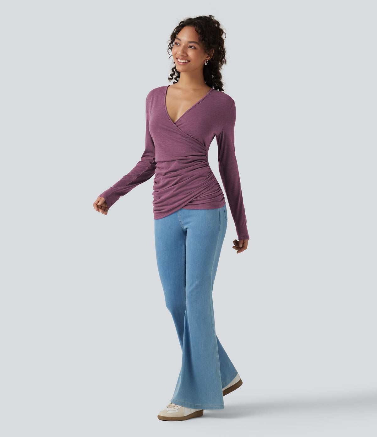 V Neck Long Sleeve Ruched Casual Top — Red Violet Floral Yarn — view 7