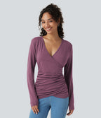 V Neck Long Sleeve Ruched Casual Top — Red Violet Floral Yarn — view 4