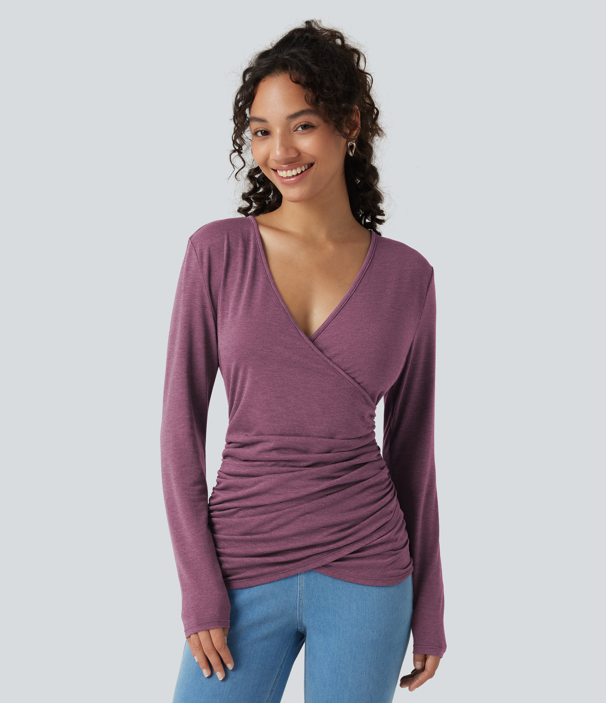 V Neck Long Sleeve Ruched Casual Top — Red Violet Floral Yarn — view 4
