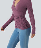 V Neck Long Sleeve Ruched Casual Top — Red Violet Floral Yarn — view 5