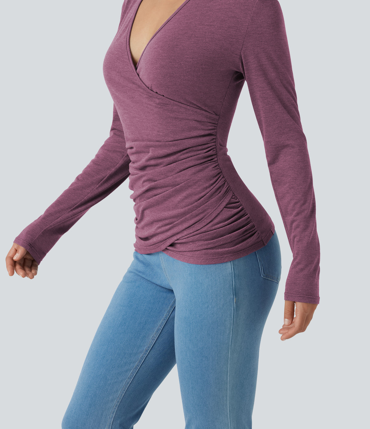 V Neck Long Sleeve Ruched Casual Top — Red Violet Floral Yarn — view 5