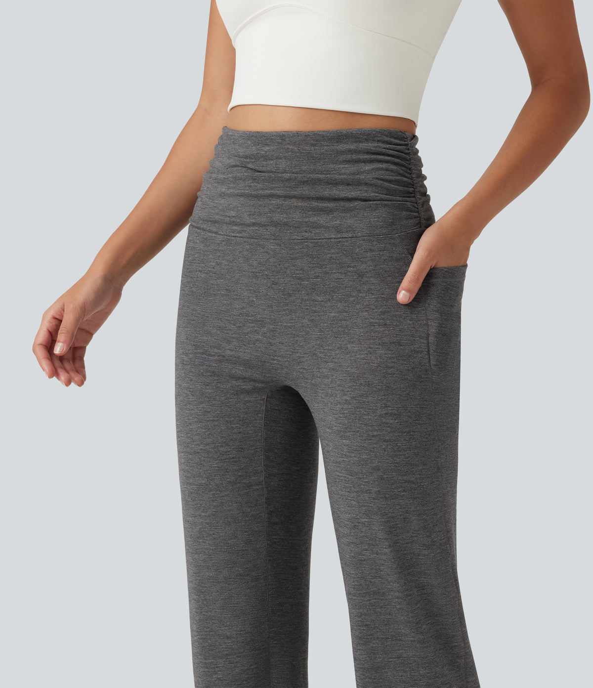 High Waisted Ruched Dance Balloon Joggers with Pockets — Darl Gray Floral Yarn — view 4
