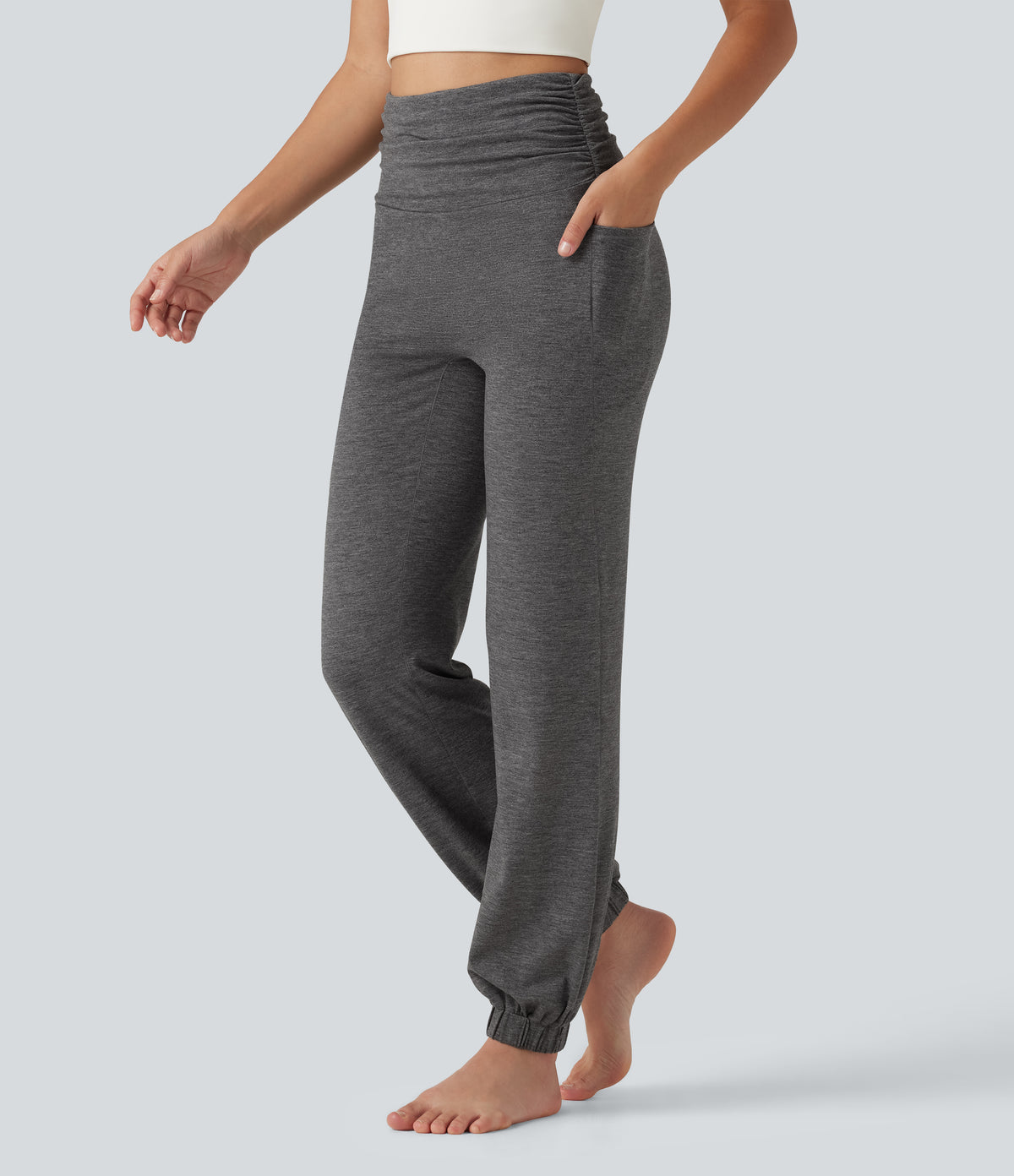 High Waisted Ruched Dance Balloon Joggers with Pockets — Darl Gray Floral Yarn — view 3