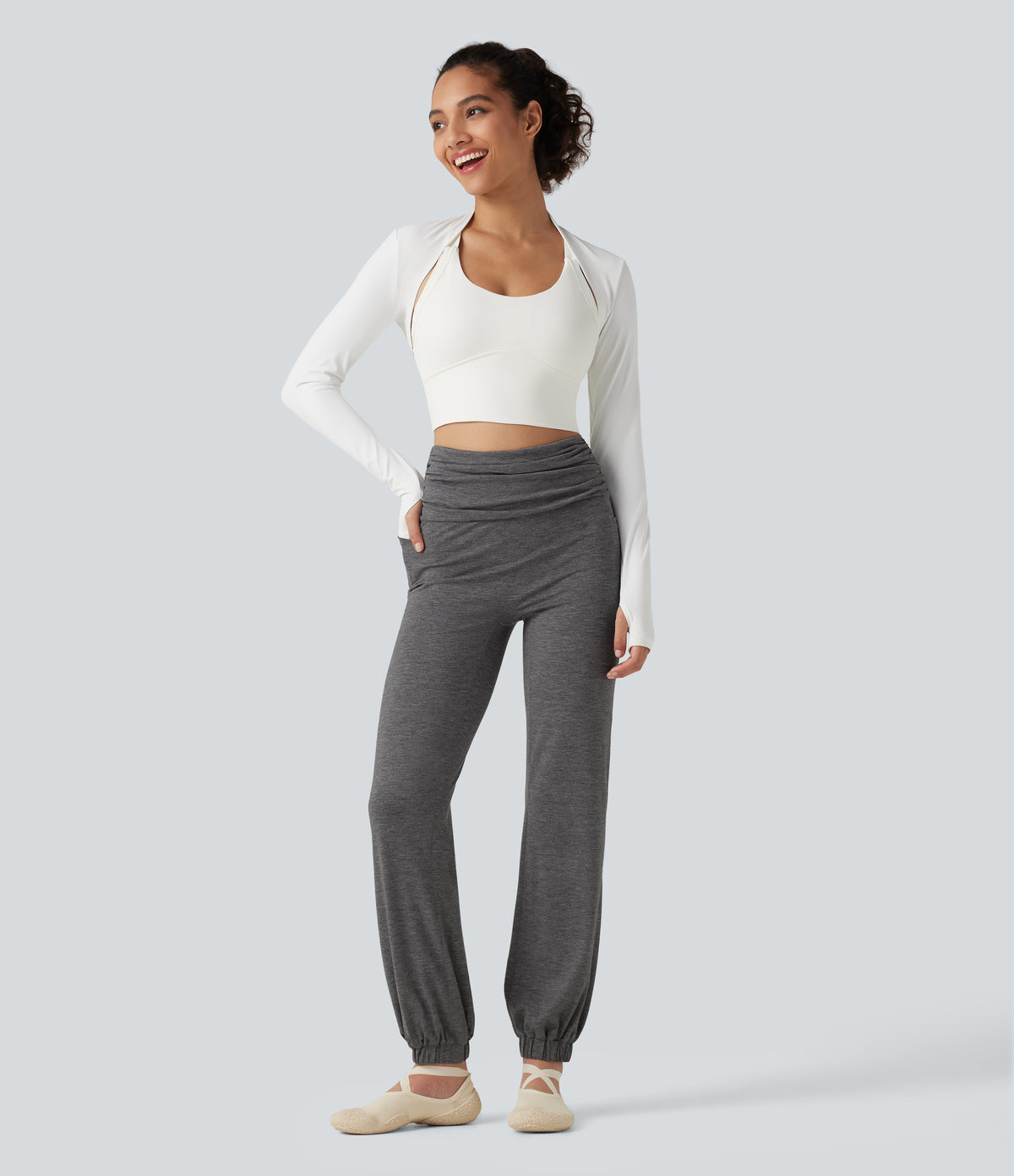 High Waisted Ruched Dance Balloon Joggers with Pockets — Darl Gray Floral Yarn — view 8