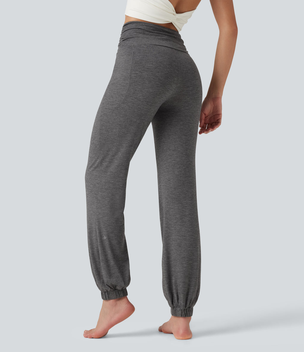 High Waisted Ruched Dance Balloon Joggers with Pockets — Darl Gray Floral Yarn — view 2