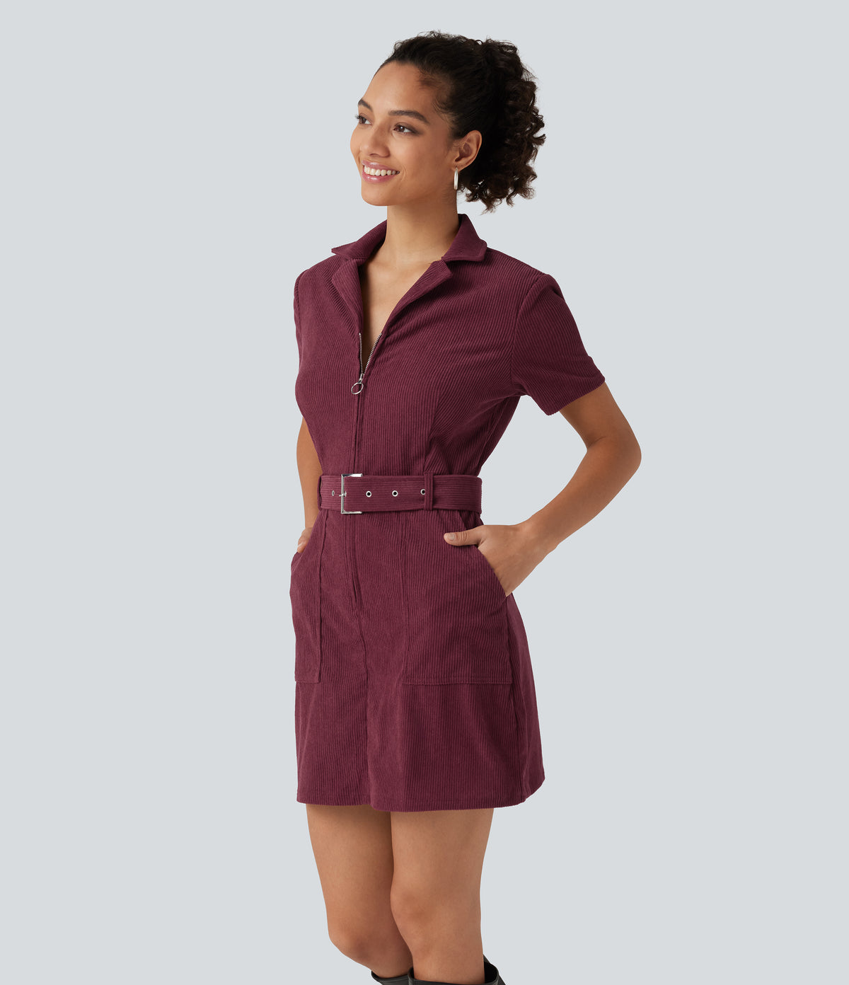 Short Sleeve Belted Corduroy Mini Casual Dress with Pockets — Pomegranate — view 1