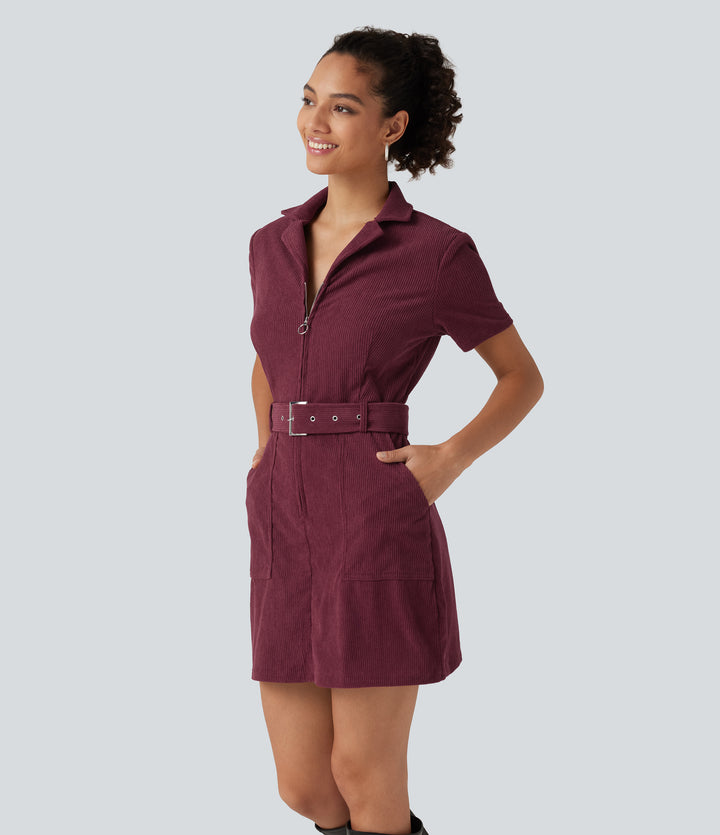 Short Sleeve Belted Corduroy Mini Casual Dress with Pockets — Pomegranate — view 1