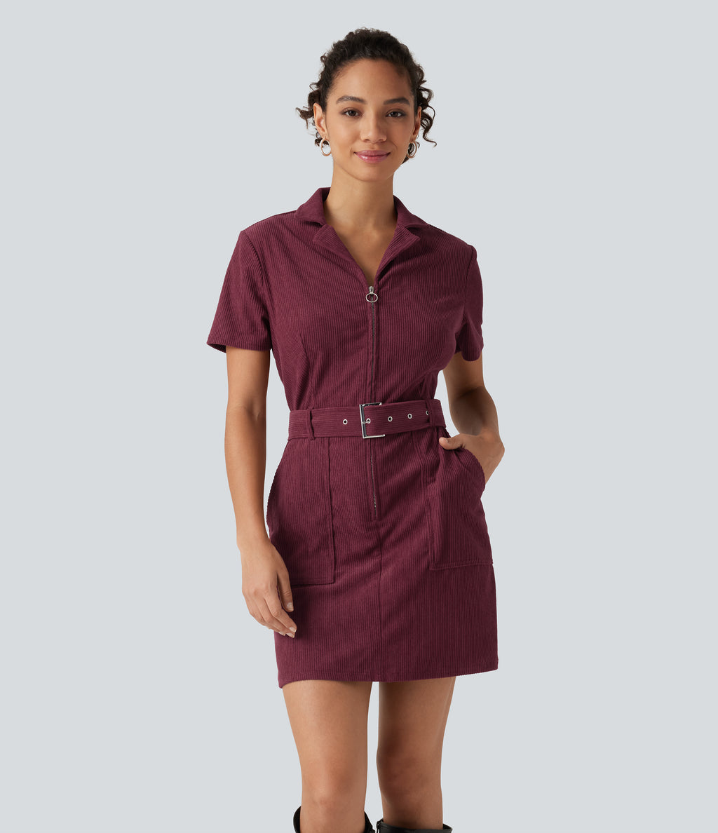 Short Sleeve Belted Corduroy Mini Casual Dress with Pockets — Pomegranate — view 3