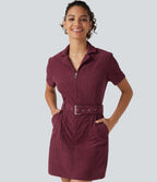 Short Sleeve Belted Corduroy Mini Casual Dress with Pockets — Pomegranate — view 5