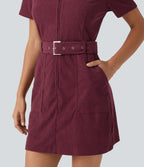 Short Sleeve Belted Corduroy Mini Casual Dress with Pockets — Pomegranate — view 8