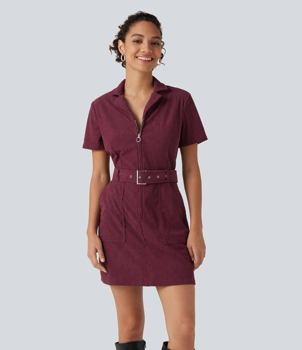 Short Sleeve Belted Corduroy Mini Casual Dress with Pockets — Pomegranate — view 4