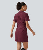 Short Sleeve Belted Corduroy Mini Casual Dress with Pockets — Pomegranate — view 2