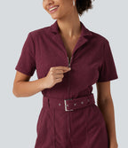 Short Sleeve Belted Corduroy Mini Casual Dress with Pockets — Pomegranate — view 6