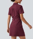 Short Sleeve Belted Corduroy Mini Casual Dress with Pockets — Pomegranate — view 7