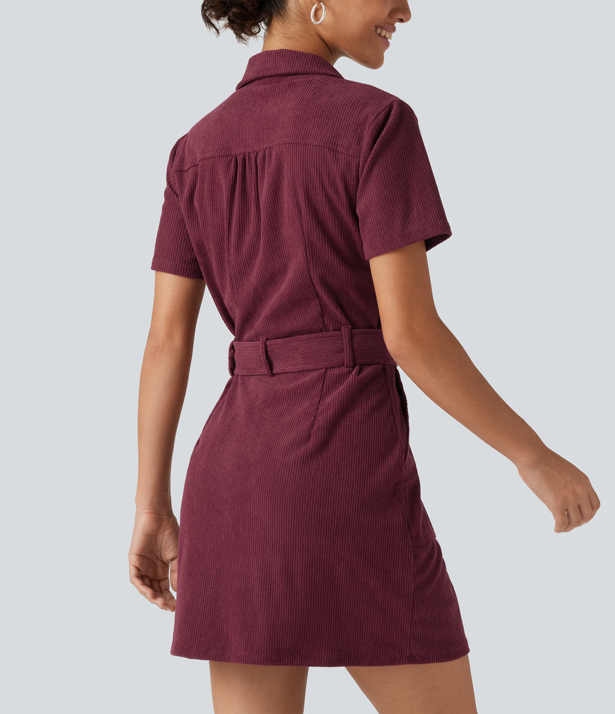 Short Sleeve Belted Corduroy Mini Casual Dress with Pockets — Pomegranate — view 7