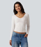 V Neck Long Sleeve Ruched Casual T-Shirt — White — view 1