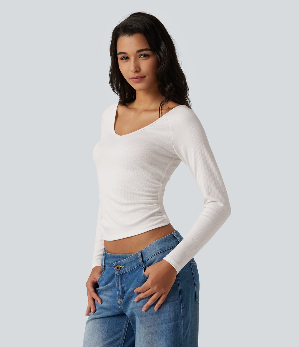 V Neck Long Sleeve Ruched Casual T-Shirt — White — view 3