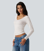 V Neck Long Sleeve Ruched Casual T-Shirt — White — view 3