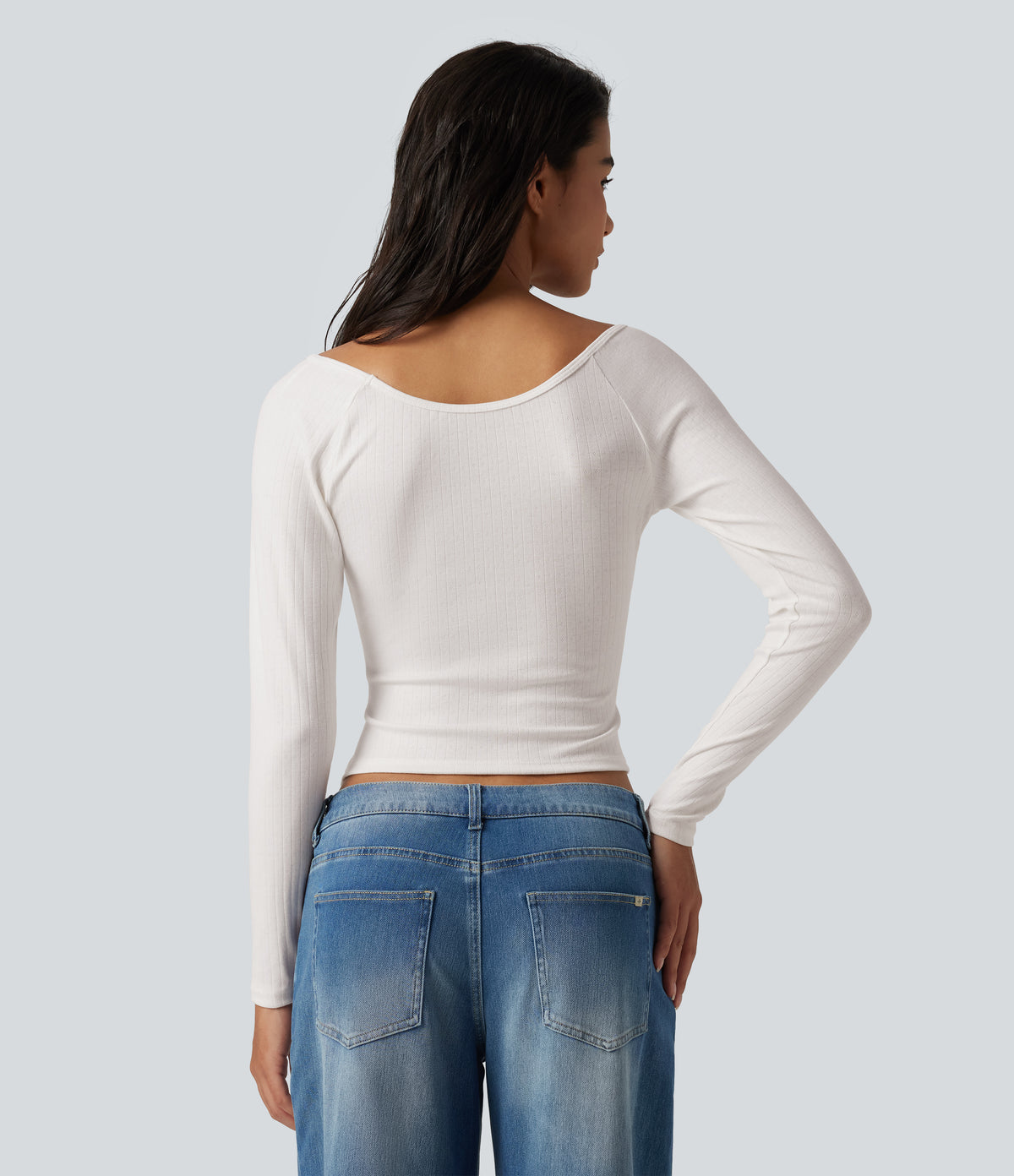 V Neck Long Sleeve Ruched Casual T-Shirt — White — view 2