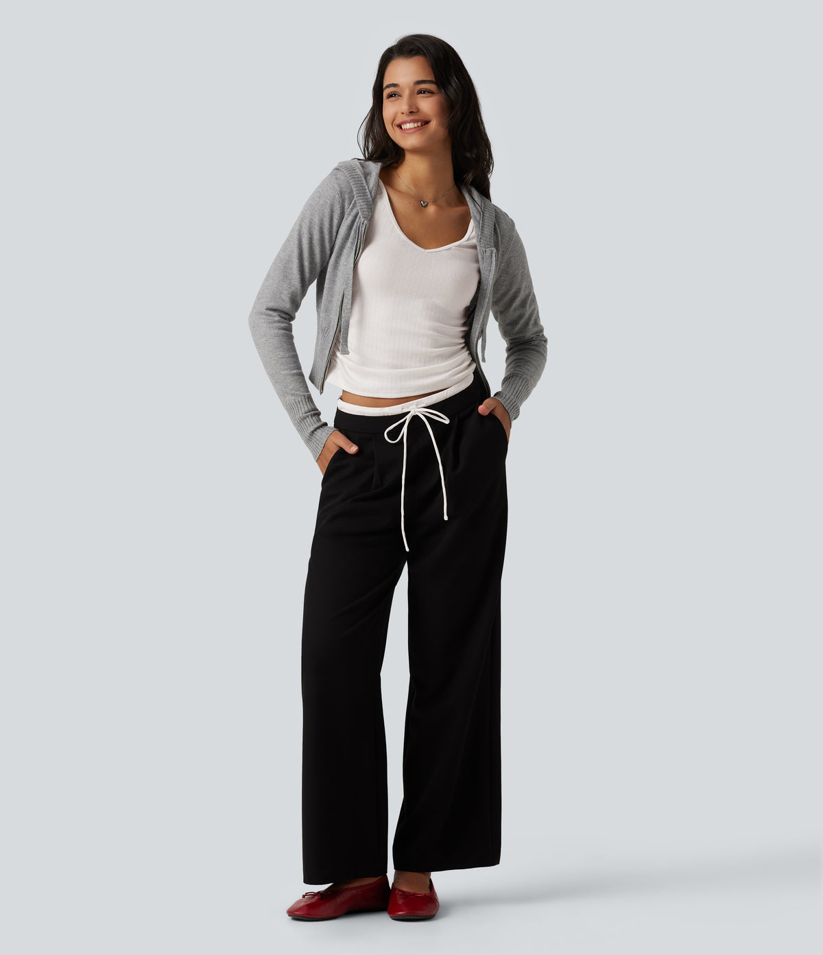 V Neck Long Sleeve Ruched Casual T-Shirt — White — view 6