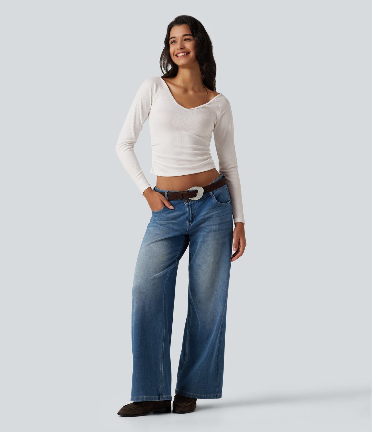 V Neck Long Sleeve Ruched Casual T-Shirt — White — view 7