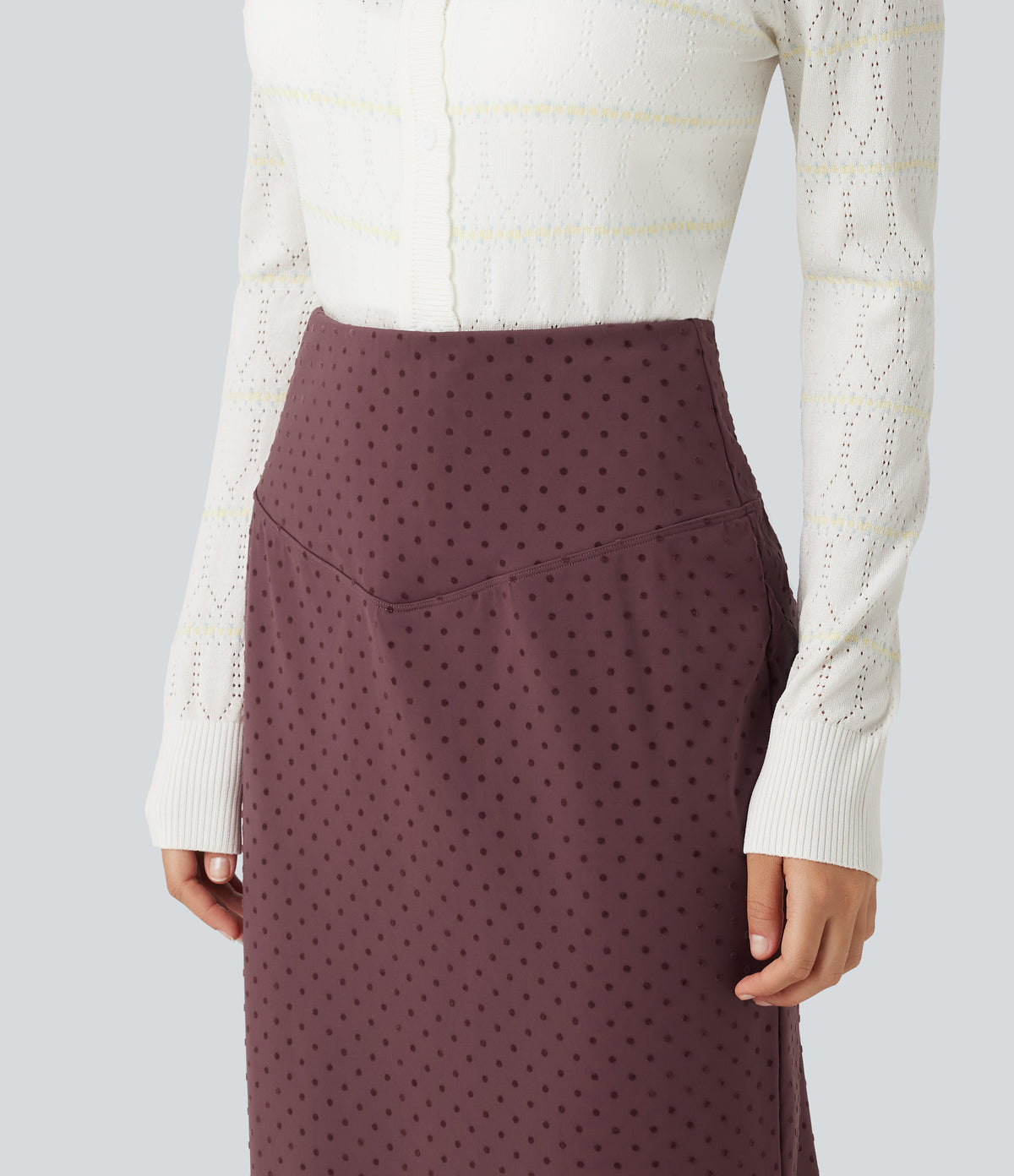 High Waisted Polka Dot Velvet Midi Casual Skirt — Syrah Red Dot — view 5