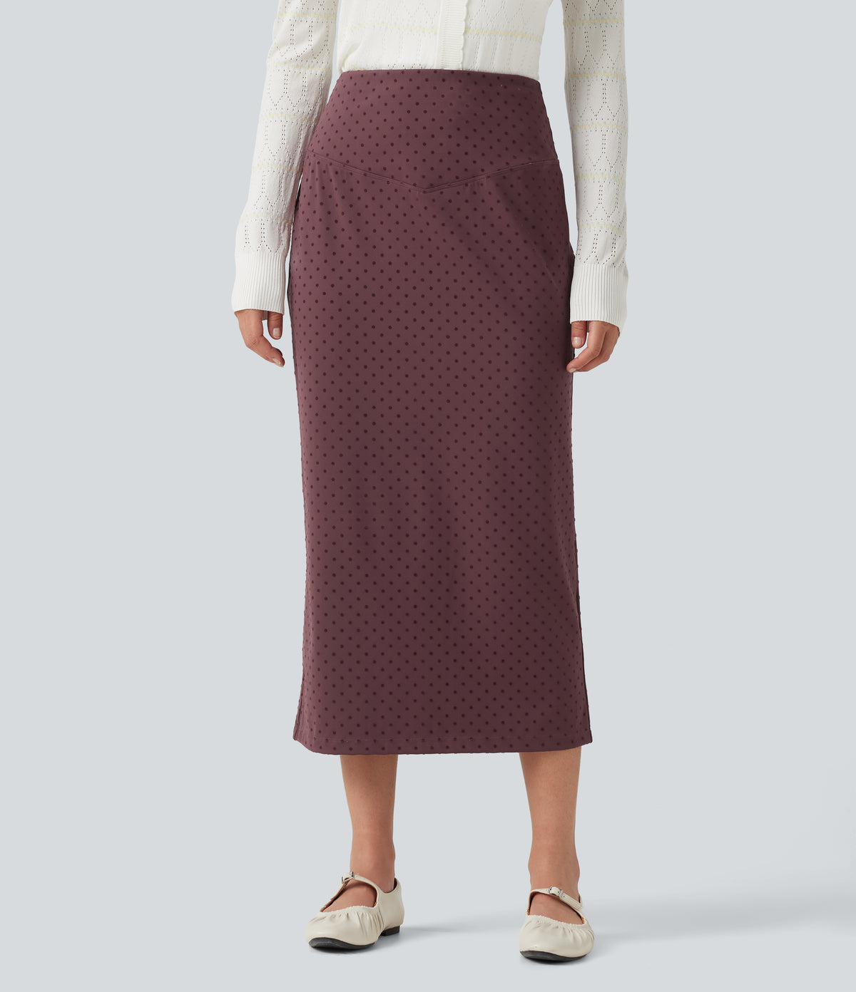 High Waisted Polka Dot Velvet Midi Casual Skirt — Syrah Red Dot — view 1