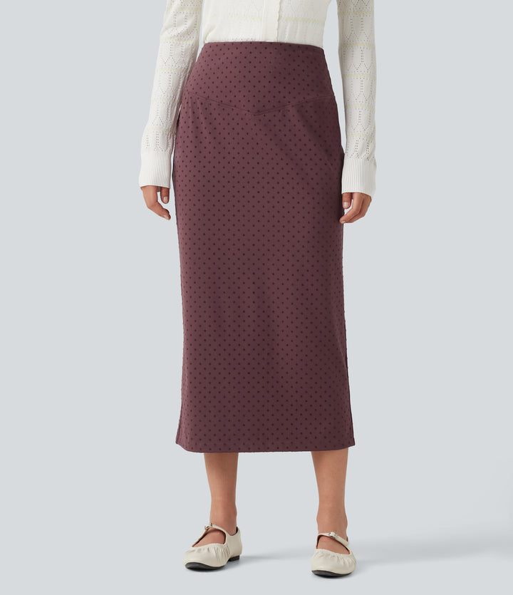 High Waisted Polka Dot Velvet Midi Casual Skirt — Syrah Red Dot — view 1
