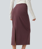 High Waisted Polka Dot Velvet Midi Casual Skirt — Syrah Red Dot — view 4