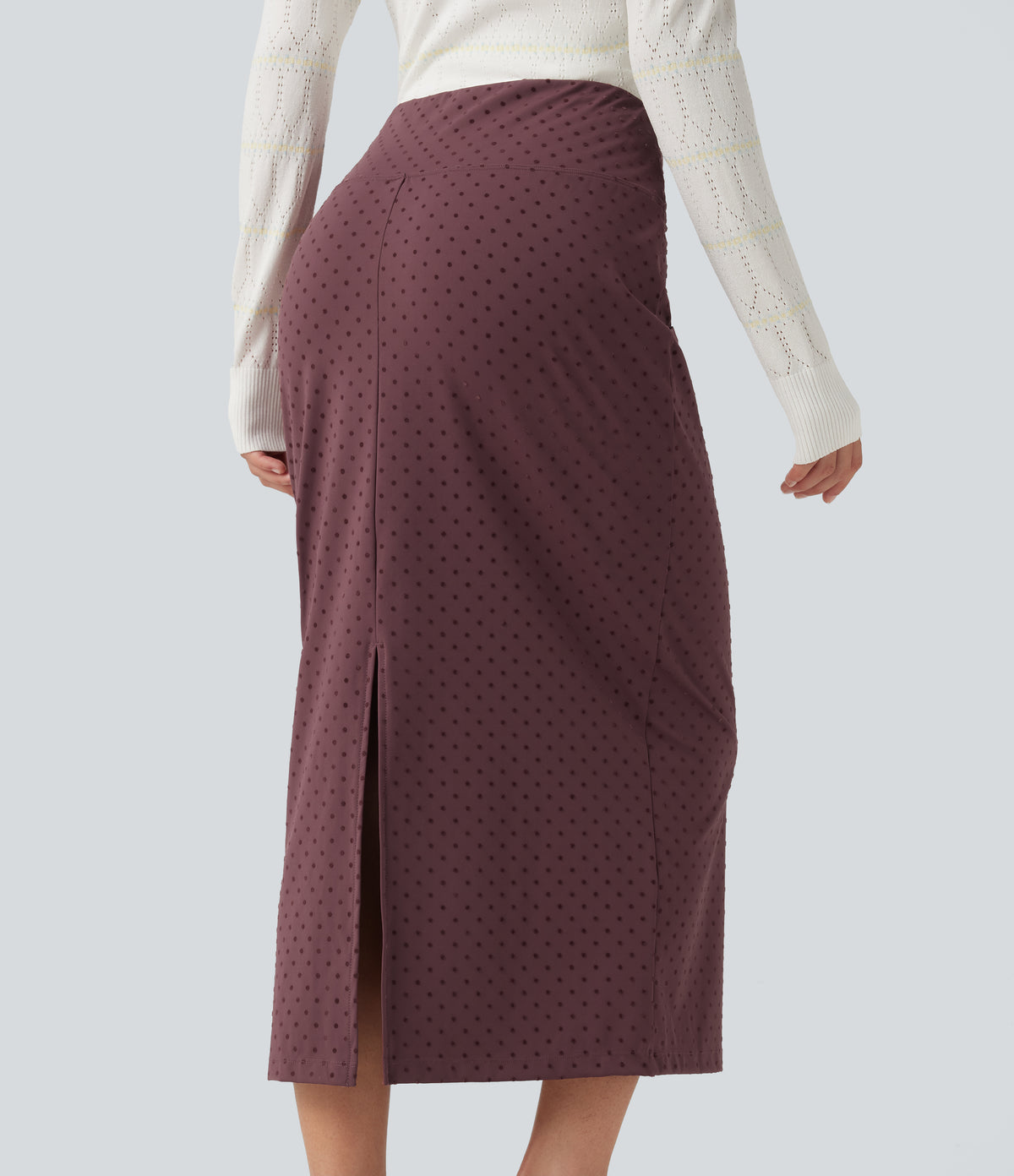 High Waisted Polka Dot Velvet Midi Casual Skirt — Syrah Red Dot — view 4