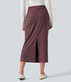 High Waisted Polka Dot Velvet Midi Casual Skirt — Syrah Red Dot — view 2