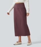 High Waisted Polka Dot Velvet Midi Casual Skirt — Syrah Red Dot — view 3