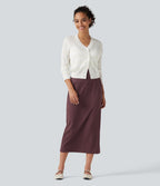 High Waisted Polka Dot Velvet Midi Casual Skirt — Syrah Red Dot — view 6