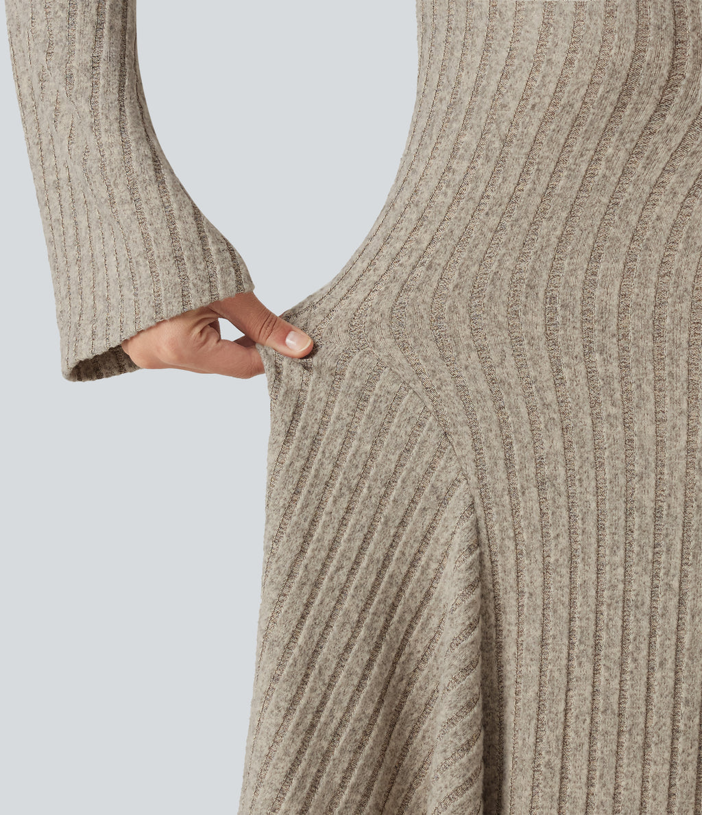 Ribbed Knit Square Neck Flounce Long Sleeve Decorative Knot Flare Mini Casual Dress — Warm Grey Floral Velvet — view 7